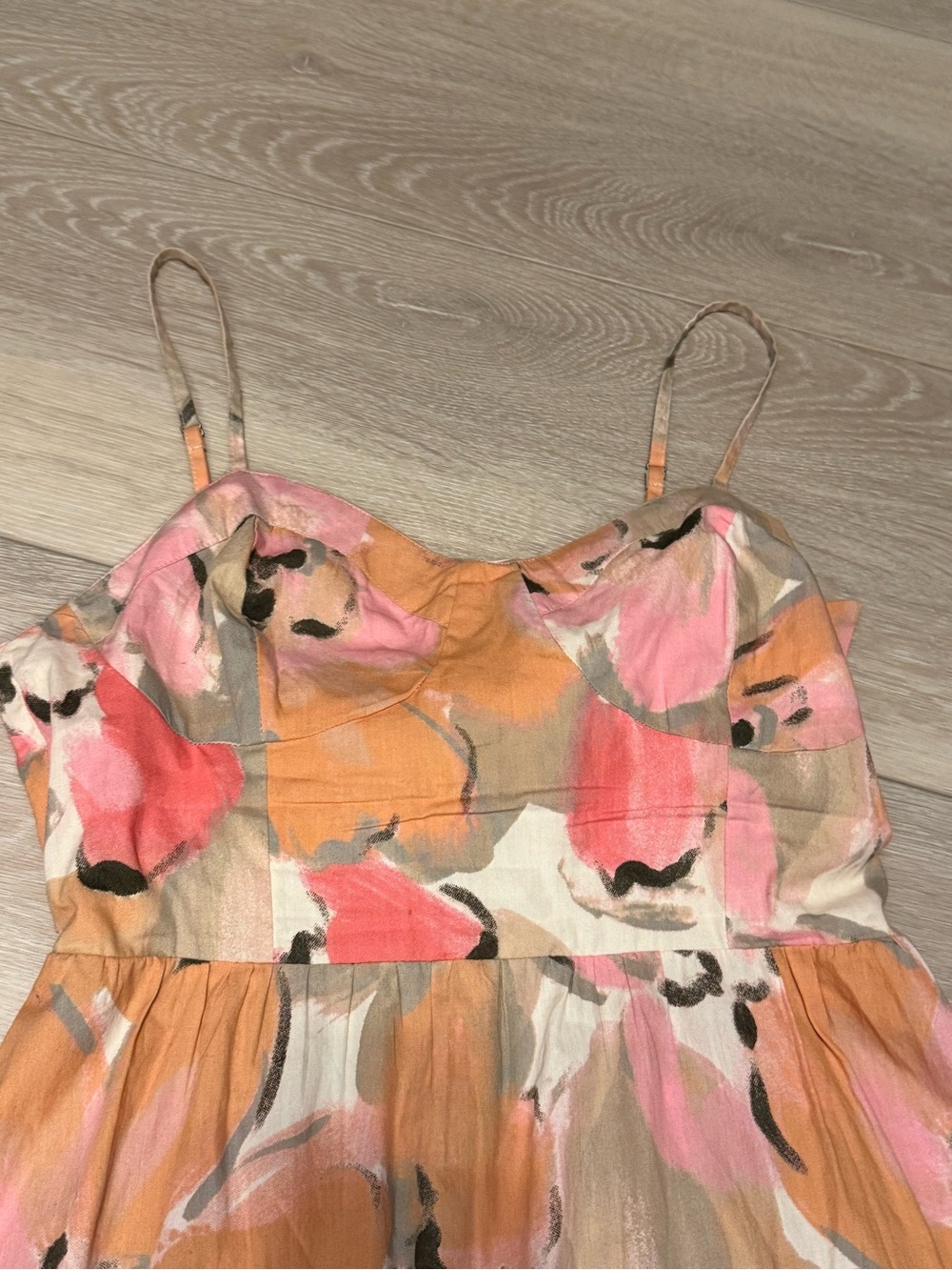 100% Cotton Floral Midi Sundress in Pink & Peach - Women's Spaghetti Strap Dress - Picture 4 of 6